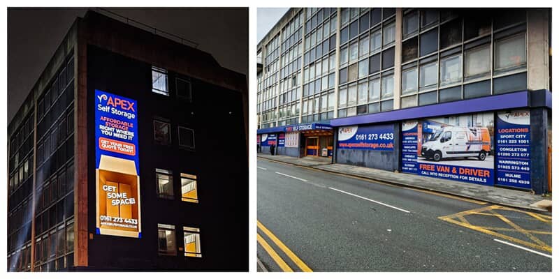 A collage showing the exterior lit up building signage for Apex and the door and window grpahics.